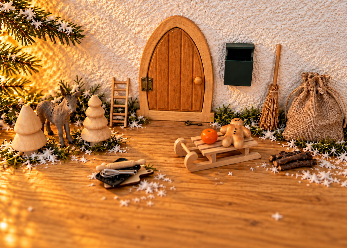 Wichtel-Adventskalender mit Wichteltür, Leiter und liebevollen Miniaturen